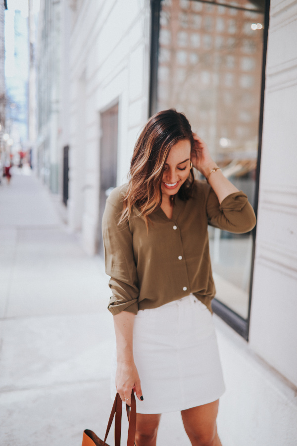 denim skirt and white shirt